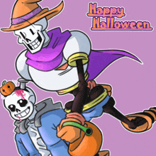 a cartoon drawing of two skeletons with the words happy halloween on the bottom