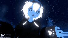 a screenshot of a video game shows a girl with a blue face