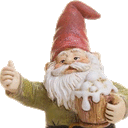 a gnome with a beard and a red hat is holding a bucket of beer and giving a thumbs up .