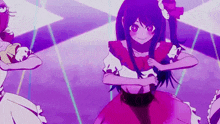 a group of anime girls are dancing in a room with purple lights behind them .