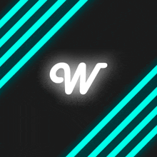 a white letter w is on a black background with neon blue stripes