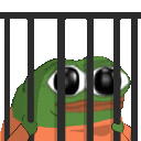 a green frog is behind bars in a prison cell .