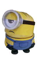 a yellow minion wearing overalls and goggles with one eye