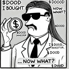 a cartoon of a man holding a coin that says $ dood i bought $ dood investor $ dood now what $ dood