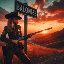 a woman in a sheriff 's uniform is holding a gun in front of a sign that says balon168