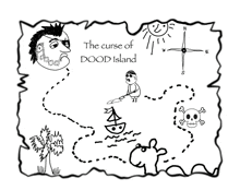 a black and white drawing of a treasure map with the curse of dood island written above it