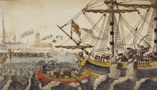 a painting of a ship with a flag on the mast