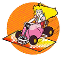 a cartoon of princess peach riding a go kart on a mat .