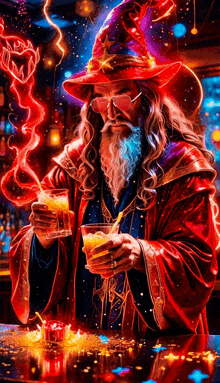 a wizard with long hair and a beard is holding a drink in his hand .