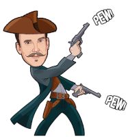 a cartoon drawing of a man holding two guns with the words pew behind him