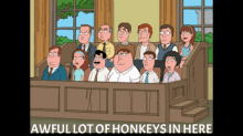 a cartoon shows a group of people sitting in a courtroom with the caption awful lot of honkeys in here