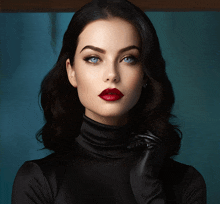 a woman with dark hair and red lipstick is wearing a black turtleneck