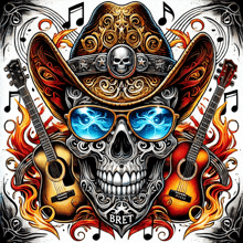 a skull wearing a cowboy hat and sunglasses with guitars