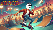 a cartoon drawing of a man riding a skateboard with a $ dood sign in the background