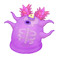 a purple monster with pink flowers on its head and a skeleton inside of it