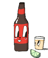 a cartoon drawing of a beer bottle with a face on it next to a shot glass and a slice of lime