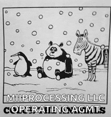 a cartoon of a panda a penguin and a zebra says miprocessing llc