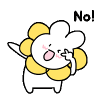 a cartoon rabbit with a flower on its head is saying no .