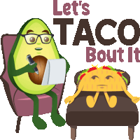 an avocado is sitting in a chair writing on a piece of paper next to a taco on a couch