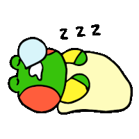 a cartoon drawing of a frog sleeping with the letters zzz below it