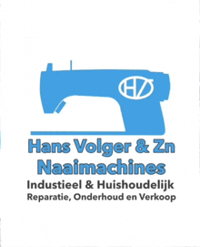 a blue sewing machine with the words hans volger & zn naaimachines