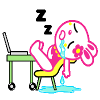 a cartoon character is sleeping on a chair in front of a laptop