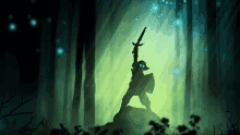 a silhouette of a person holding a sword in the woods