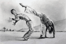 a black and white drawing of two men doing capoeira on the beach .