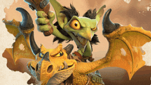 a cartoon illustration of a goblin and a dragon with horns