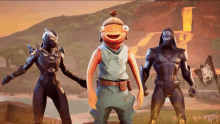 three video game characters are standing next to each other and one of them is a fish man