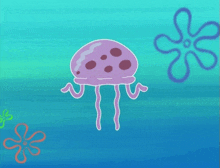 a purple jellyfish is surrounded by spongebob squarepants characters