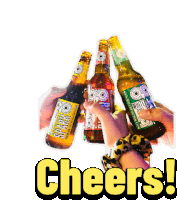 a cheers sticker with three bottles of beer and the word cheers