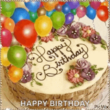 a birthday cake decorated with flowers and balloons and the words `` happy birthday '' written on it .