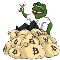 a frog is sitting on a pile of bitcoins holding a martini