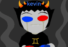 a cartoon character with horns has the name kevin on his head