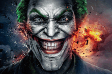 a close up of the joker 's face with green hair