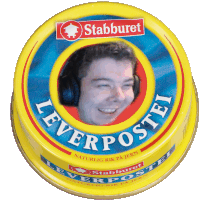 a can of leverpostei has a man wearing headphones on it