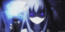 a girl with purple eyes and a mask on her face is standing in a dark room .