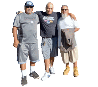 three men are posing for a picture and one of them is wearing a shirt that says clippers