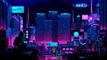 a pixel art illustration of a futuristic city at night