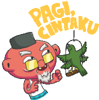 a cartoon drawing of a man feeding a bird with the words pagi cintaku behind him