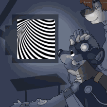 a cartoon of two animals looking at an optical illusion on a screen