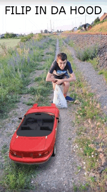 filip in da hood is written on the bottom of a picture of a boy pushing a toy car