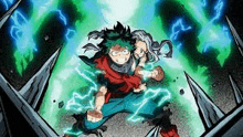 izuku midoriya from my hero academia is fighting a villain with a lightning bolt coming out of his chest .