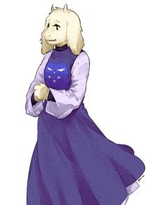 a drawing of a goat wearing a purple dress with a blue heart on it