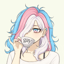 a girl with pink and blue hair drinks from a cup that says gay