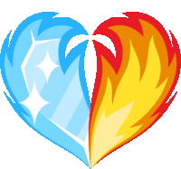 a blue and red heart with flames and stars