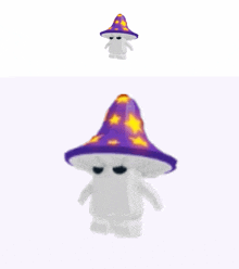 a white mushroom wearing a purple hat with yellow stars on it