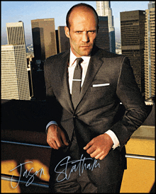 a man in a suit and tie has jason statham written on the bottom