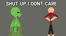 a cartoon of a man being punched by an alien with the words shut up i dont care